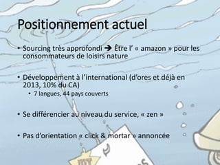 Parcours	
  de	
  Pecheur.com
• 1999	
  :	
  lancement	
  sous	
  la	
  forme	
  d’un	
  ‘yahoo’	
  de	
  la	
  
pêche	
  (portail)
• 2002	
  :	
  1e grande	
  réorientation	
  :	
  place	
  de	
  marché
• Business	
  model	
  « relationnel »
• 2005	
  :	
  2e grande	
  réorientation	
  :	
  	
  vente	
  en	
  direct
• Business	
  model	
  « Transactionnel »
(voir	
  partie	
  précédente	
  du	
  cours)	
  
 