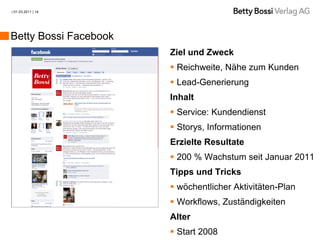 | 01.03.2011 | 14




Betty Bossi Facebook
                       Ziel und Zweck
                        Reichweite, Nähe zum Kunden
                        Lead-Generierung
                       Inhalt
                        Service: Kundendienst
                        Storys, Informationen
                       Erzielte Resultate
                        200 % Wachstum seit Januar 2011
                       Tipps und Tricks
                        wöchentlicher Aktivitäten-Plan
                        Workflows, Zuständigkeiten
                       Alter
                        Start 2008
 