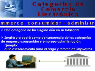 C a t e g o r ía s d e
                       C o m e r c io
                      E le c t r ó n ic o
mme rc e         c o n s u m id o r - a d m in is t r a
 Esta categoría no ha surgido aún en su totalidad

 Surgirá y crecerá como consecuencia de las categorías
de empresa-consumidor y empresa-administración.
  Ejemplo:
  auto asesoramiento para el pago y retorno de impuestos
 