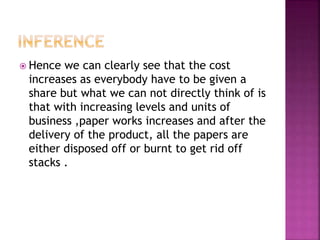  Hence we can clearly see that the cost
increases as everybody have to be given a
share but what we can not directly think of is
that with increasing levels and units of
business ,paper works increases and after the
delivery of the product, all the papers are
either disposed off or burnt to get rid off
stacks .
 
