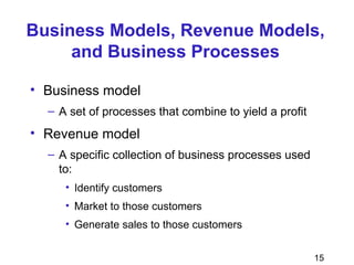 15
Business Models, Revenue Models,
and Business Processes
• Business model
– A set of processes that combine to yield a profit
• Revenue model
– A specific collection of business processes used
to:
• Identify customers
• Market to those customers
• Generate sales to those customers
 