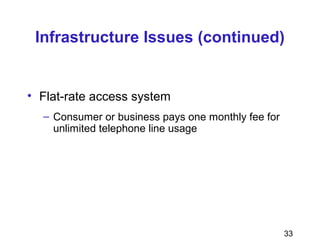 33
Infrastructure Issues (continued)
• Flat-rate access system
– Consumer or business pays one monthly fee for
unlimited telephone line usage
 