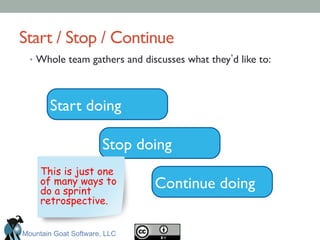 Start / Stop / Continue	

•  Whole team gathers and discusses what they d like to:	

Start doing	

Stop doing	

Continue doing	

This is just one
of many ways to
do a sprint
retrospective.
Mountain Goat Software, LLC
 