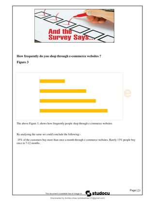 Page |23
How frequently do you shop through e-commerce websites ?
Figure 3
The above Figure 3, shows how frequently people shop through e commerce websites
By analysing the same we could conclude the following:-
35% of the customers buy more than once a month through e commerce websites. Rarely 13% people buy
once in 7-12 months .
Downloaded by Ambika shaw (ambikashaw123@gmail.com)
lOMoARcPSD|43948530
 