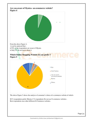 Page |24
Are you aware of Myntra– an ecommerce website?
Figure 4
From the above Figure 4,
it can be analysed that:-
• 95% of the respondents are aware of Myntra
• Only 5% do not know about it
Which Online Shopping Website do you prefer ?
Figure 5
2
10 4
4
Ajio
Club Factory
I do not use E-
commerce website
Myntra
Others
80
The above Figure 5 shows the analysis of consumer’s choice of e-commerce website of which:-
80 % respondents prefer Myntra 4 % respondents Do not use E-commerce websites .
Rest respondents uses other different E-Commerce websites .
Downloaded by Ambika shaw (ambikashaw123@gmail.com)
lOMoARcPSD|43948530
 