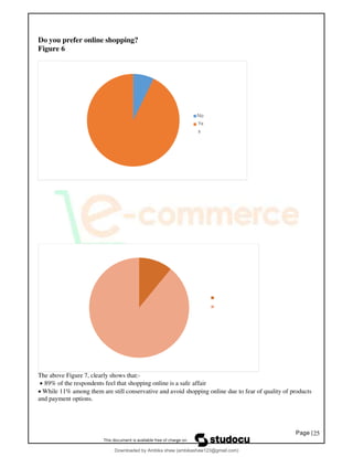 Page |25
Do you prefer online shopping?
Figure 6
No
Ye
s
The above Figure 7, clearly shows that:-
• 89% of the respondents feel that shopping online is a safe affair
• While 11% among them are still conservative and avoid shopping online due to fear of quality of products
and payment options.
Downloaded by Ambika shaw (ambikashaw123@gmail.com)
lOMoARcPSD|43948530
 