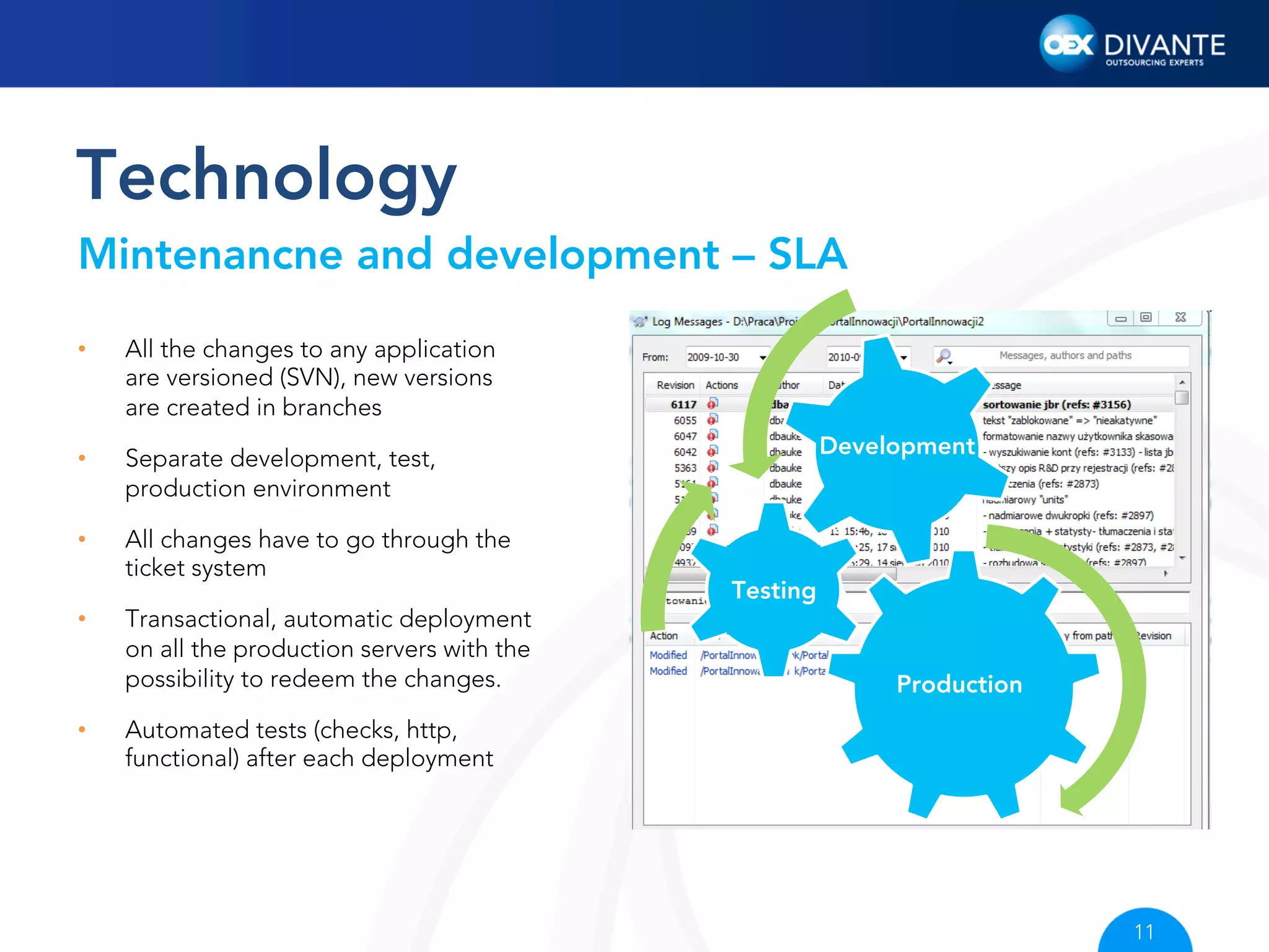 Technology
Mintenancne and development – SLA
• 

All the changes to any application
are versioned (SVN), new versions
are created in branches

• 

Separate development, test,
production environment

• 

All changes have to go through the
ticket system

• 

• 

Transactional, automatic deployment
on all the production servers with the
possibility to redeem the changes.

Development

Prod
uctio
n
Testing

Production

Automated tests (checks, http,
functional) after each deployment

11

 