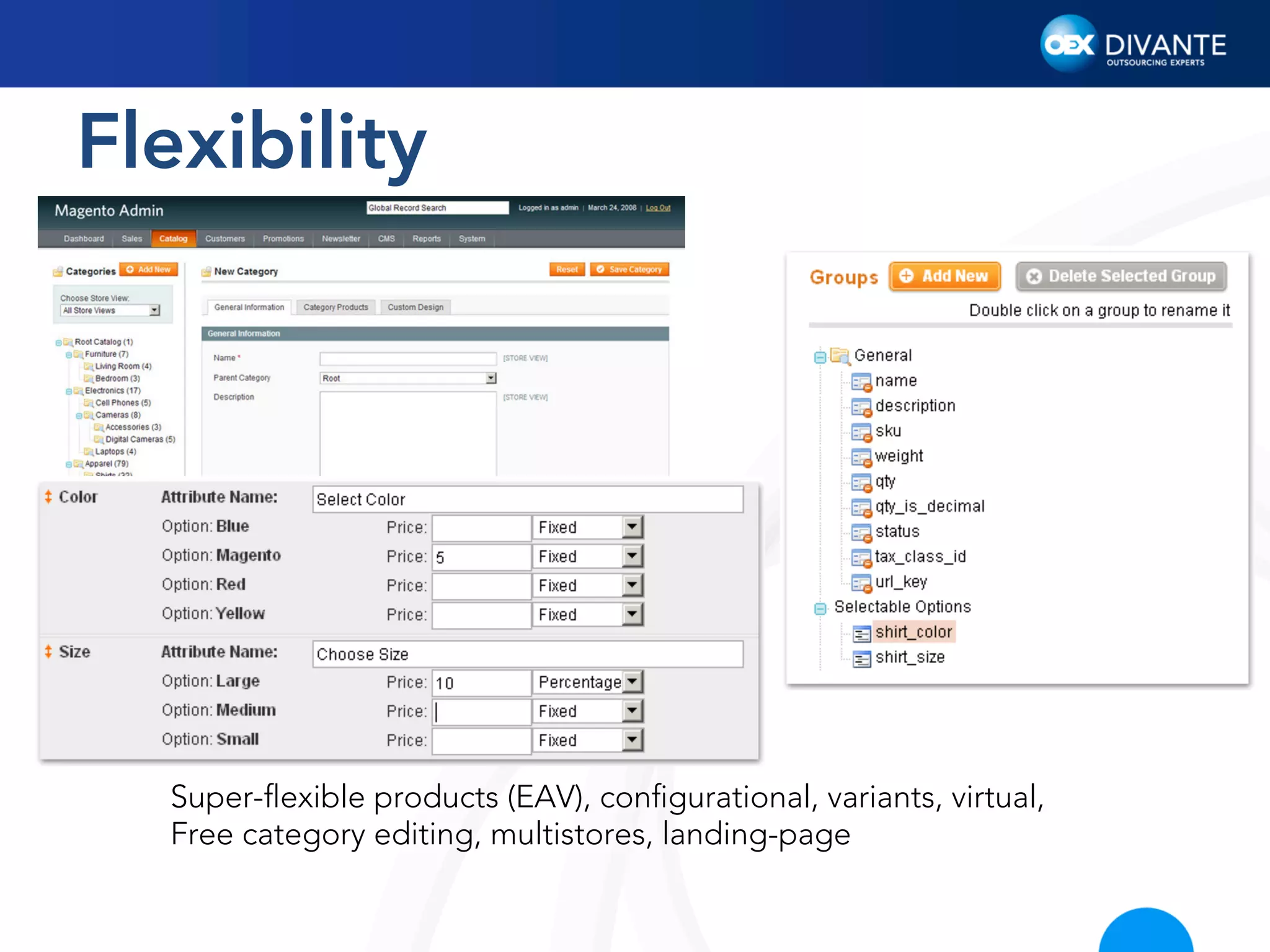 Flexibility

Super-ﬂexible products (EAV), conﬁgurational, variants, virtual,
Free category editing, multistores, landing-page

 