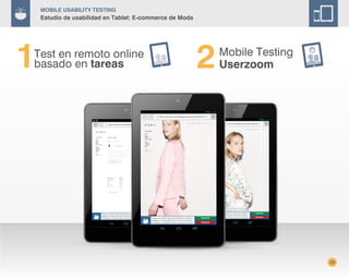 Mobile Usability Testing
Estudio de usabilidad en Tablet: E-commerce de Moda
Test en remoto online
basado en tareas
Mobile Testing
Userzoom
20
 