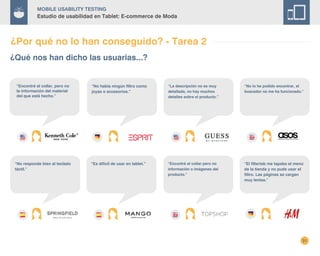 31
Mobile Usability Testing
Estudio de usabilidad en Tablet: E-commerce de Moda
¿Qué nos han dicho las usuarias...?
¿Por qué no lo han conseguido? - Tarea 2
“No lo he podido encontrar, el
buscador no me ha funcionado.”
“Es difícil de usar en tablet.”
“Encontré el collar, pero no
la información del material
del que está hecho.”
“La descripción no es muy
detallada, no hay muchos
detalles sobre el producto.”
“No responde bien al teclado
táctil.”
“Encontré el collar pero no
información o imágenes del
producto.”
“El filtertab me tapaba el menú
de la tienda y no pude usar el
filtro. Las páginas se cargan
muy lentas.”
“No había ningún filtro como
joyas o accesorios.”
 