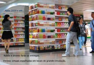 Robôs e drones farão as entregas.
Vitrines virtuais espalhadas em locais de grande circulação.
Após 2020 e até...
 