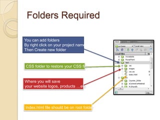 Folders Required

You can add folders
By right click on your project name
Then Create new folder



CSS folder to restore your CSS file


Where you will save
your website logos, products …etc




Index.html file should be on root folder
 