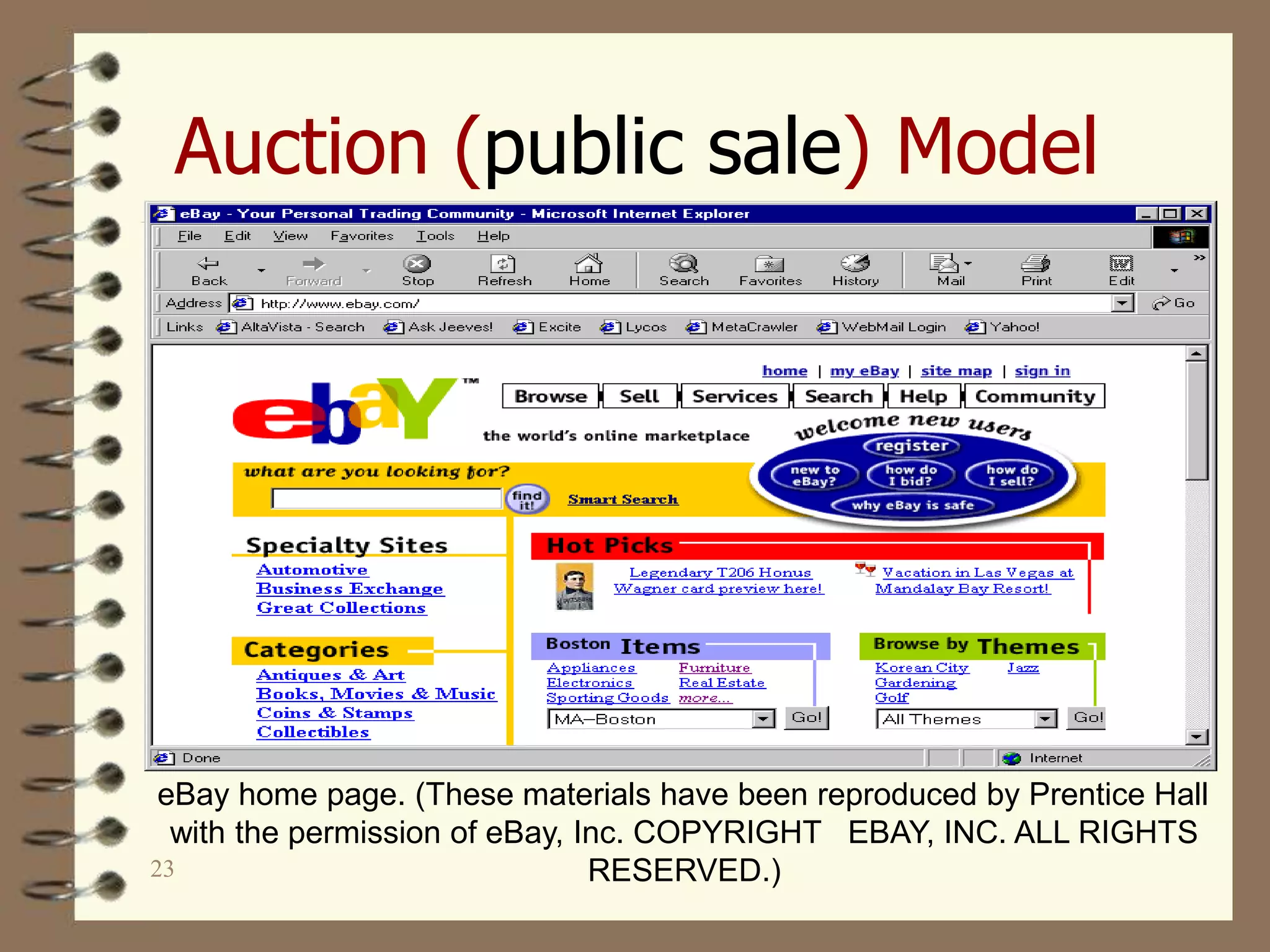 23
Auction (public sale) Model
eBay home page. (These materials have been reproduced by Prentice Hall
with the permission of eBay, Inc. COPYRIGHT EBAY, INC. ALL RIGHTS
RESERVED.)
 