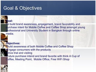 Goal & Objectives Goal: To build brand awareness, engagement, brand favorability and purchase intent for Mobile Coffee and Coffee Shop amongst young professional and University Student in Bangkok through online media. Objectives: Build awareness of both Mobile Coffee and Coffee Shop Engage consumers with the products Drive trial and visiting Future purchase intend and brand favorite with think A Cup of Coffee, Meeting Point,  Mobile Office, Free WiFi Shop 
