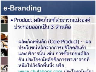 e-Branding  Product  ผลิตภัณฑ์สามารถแบ่งองค์ประกอบออกเป็น  3  ส่วนคือ  ผลิตภัณฑ์หลัก  (Core Product) -  ผลประโยชน์หลักจากการบริโภคสินค้าและบริการนั้น เช่น การซื้อรถยนต์สักคัน ประโยชน์หลักคือการพาเราจากที่หนึ่งไปยังอีกที่หนึ่ง หรือ  www.chulabook.com   ประโยชน์หลักคือสามารถซื้อหนังสือได้โดยไม่จำเป็นต้องไปที่ร้าน  