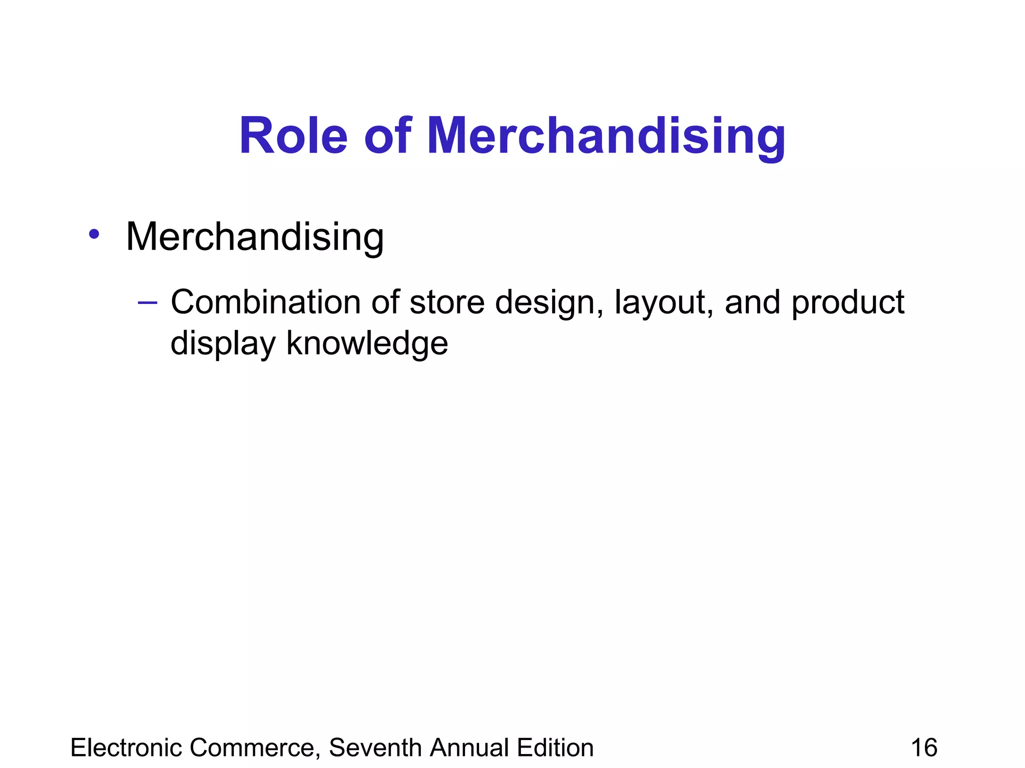 Role of Merchandising Merchandising Combination of store design, layout, and product display knowledge 