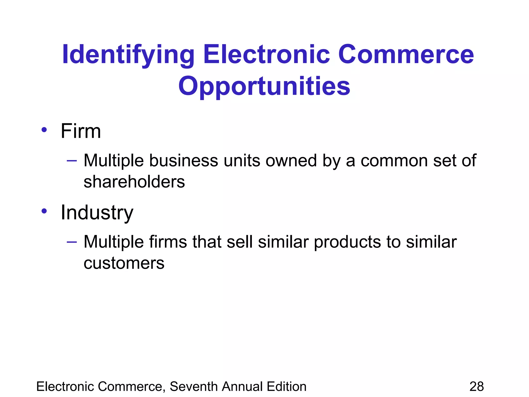Identifying Electronic Commerce Opportunities Firm Multiple business units owned by a common set of shareholders Industry Multiple firms that sell similar products to similar customers 