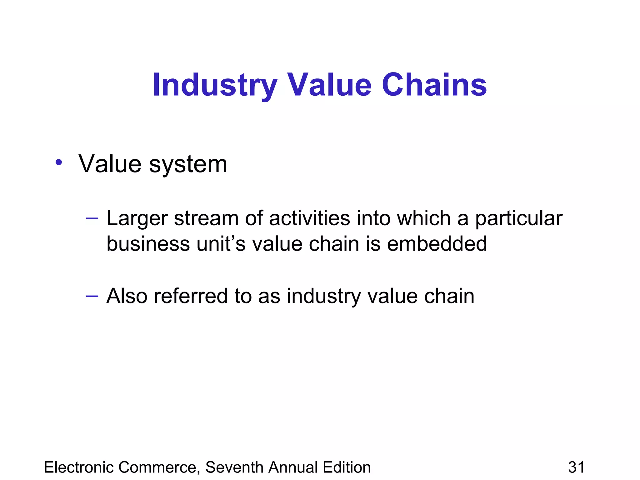 Industry Value Chains Value system Larger stream of activities into which a particular business unit’s value chain is embedded Also referred to as industry value chain 