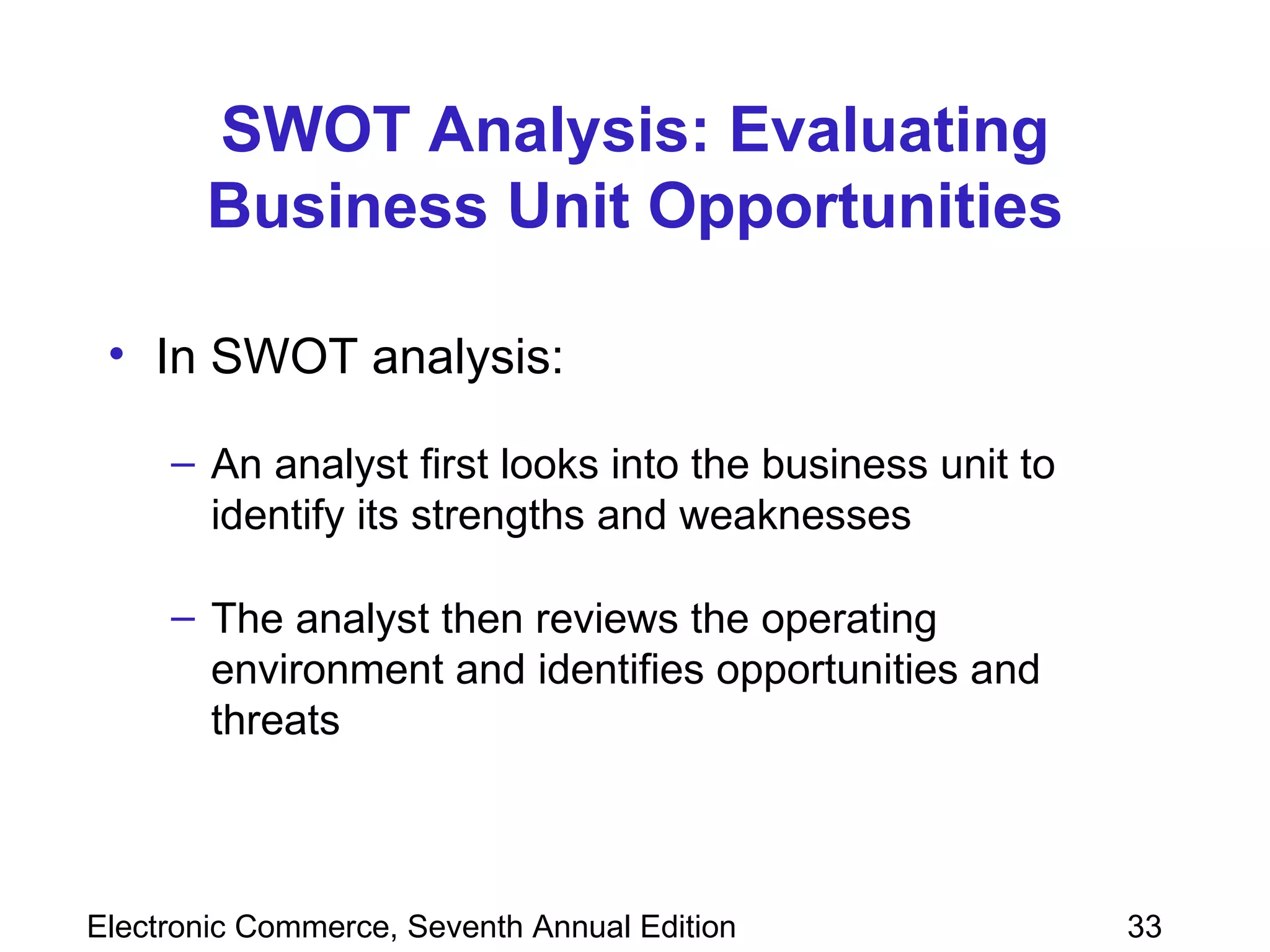 SWOT Analysis: Evaluating Business Unit Opportunities In SWOT analysis:  An analyst first looks into the business unit to identify its strengths and weaknesses The analyst then reviews the operating environment and identifies opportunities and threats 