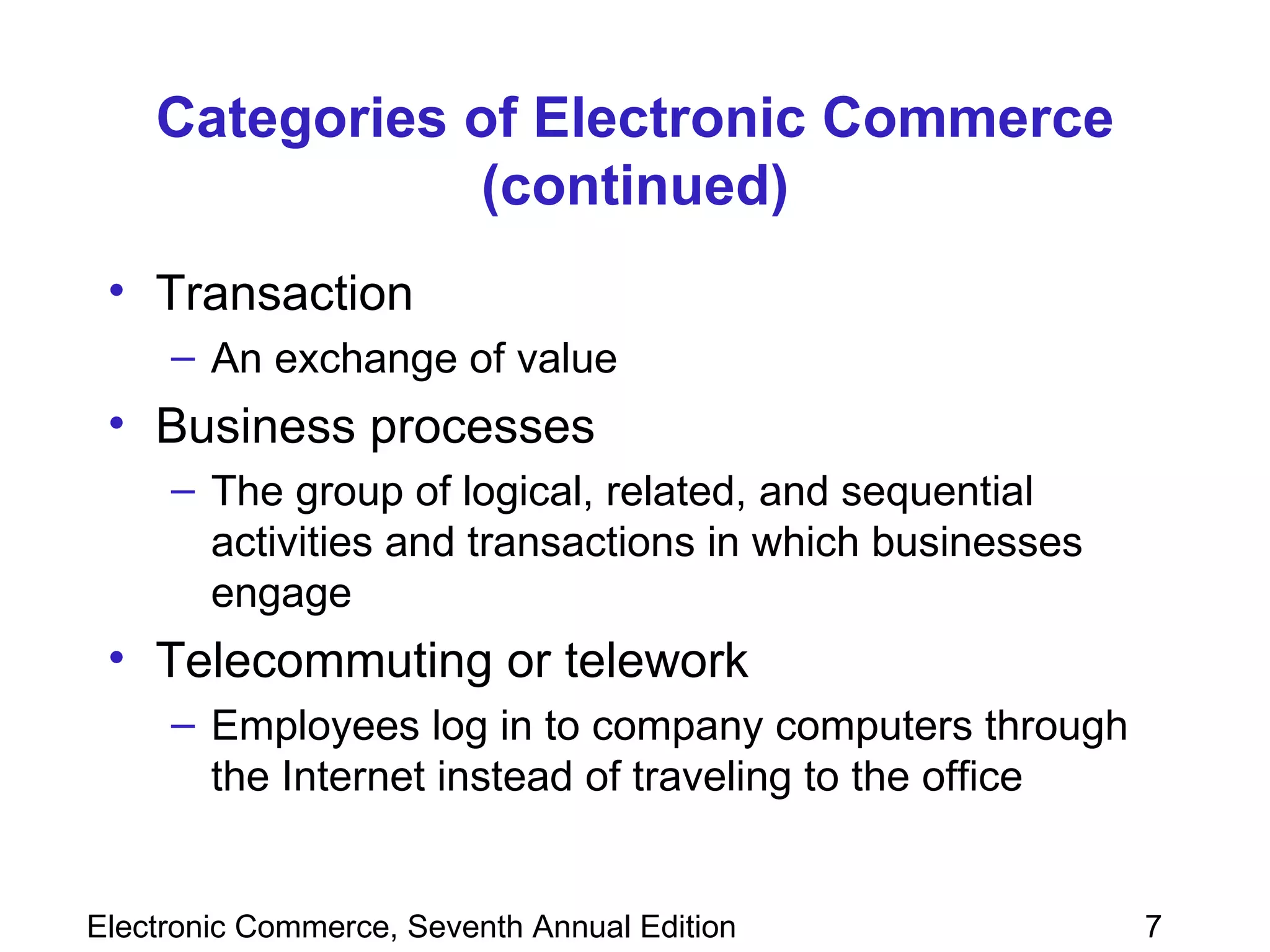 Categories of Electronic Commerce (continued) Transaction  An exchange of value Business processes The group of logical, related, and sequential activities and transactions in which businesses engage Telecommuting or telework Employees log in to company computers through the Internet instead of traveling to the office 