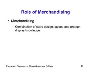 Role of Merchandising Merchandising Combination of store design, layout, and product display knowledge 