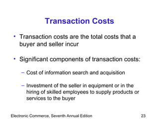Transaction Costs Transaction costs are the total costs that a buyer and seller incur  Significant components of transaction costs: Cost of information search and acquisition  Investment of the seller in equipment or in the hiring of skilled employees to supply products or services to the buyer  
