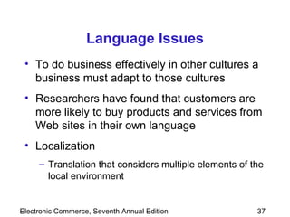 Language Issues To do business effectively in other cultures a business must adapt to those cultures Researchers have found that customers are more likely to buy products and services from Web sites in their own language Localization Translation that considers multiple elements of the local environment 