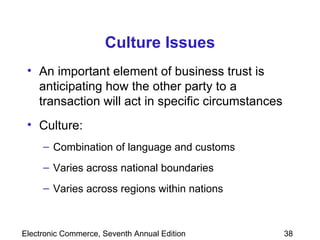 Culture Issues An important element of business trust is anticipating how the other party to a transaction will act in specific circumstances Culture: Combination of language and customs Varies across national boundaries Varies across regions within nations 