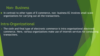 Non- Business
 In contrast to other types of E-commerce, non- business EC involves small scale
organizations for carrying out all the transactions.
Intra-Organizational
 The sixth and final type of electronic commerce is intra organisational electronic
commerce. Here, various organizations make use of internet services for conducting
transactions.
 