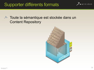 Supporter différents formats<br />Toute la sémantique est stockée dans un Content Repository<br />