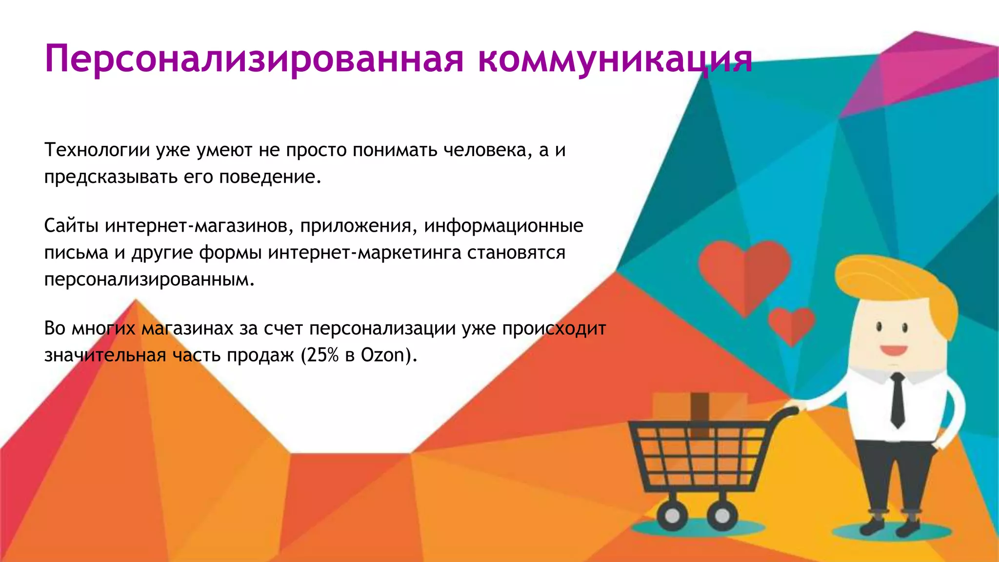 Персонализированная коммуникация
Технологии уже умеют не просто понимать человека, а и
предсказывать его поведение.
Сайты интернет-магазинов, приложения, информационные
письма и другие формы интернет-маркетинга становятся
персонализированным.
Во многих магазинах за счет персонализации уже происходит
значительная часть продаж (25% в Ozon).
 