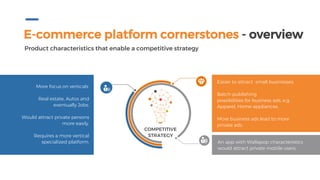 E-commerce platform cornerstones - overview
Product characteristics that enable a competitive strategy
Easier to attract small businesses.
Batch-publishing
possibilities for business ads, e.g.
Apparel, Home appliances.
More business ads lead to more
private ads.
An app with Wallapop characteristics
would attract private mobile users.
More focus on verticals.
Real estate, Autos and
eventually Jobs.
Would attract private persons
more easily.
Requires a more vertical
specialized platform.
COMPETITIVE
STRATEGY
 