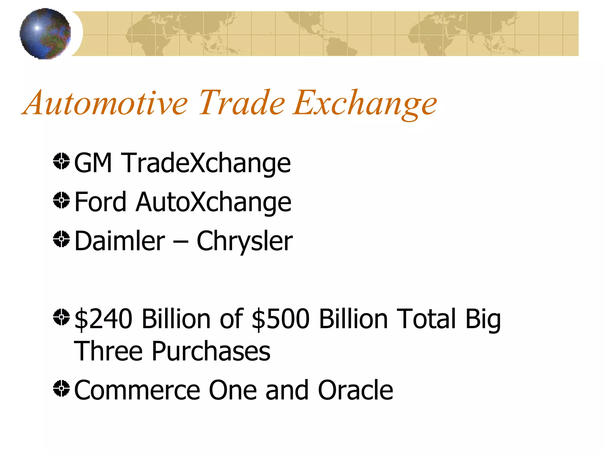 Automotive Trade Exchange GM TradeXchange Ford AutoXchange Daimler – Chrysler $240 Billion of $500 Billion Total Big Three Purchases Commerce One and Oracle 