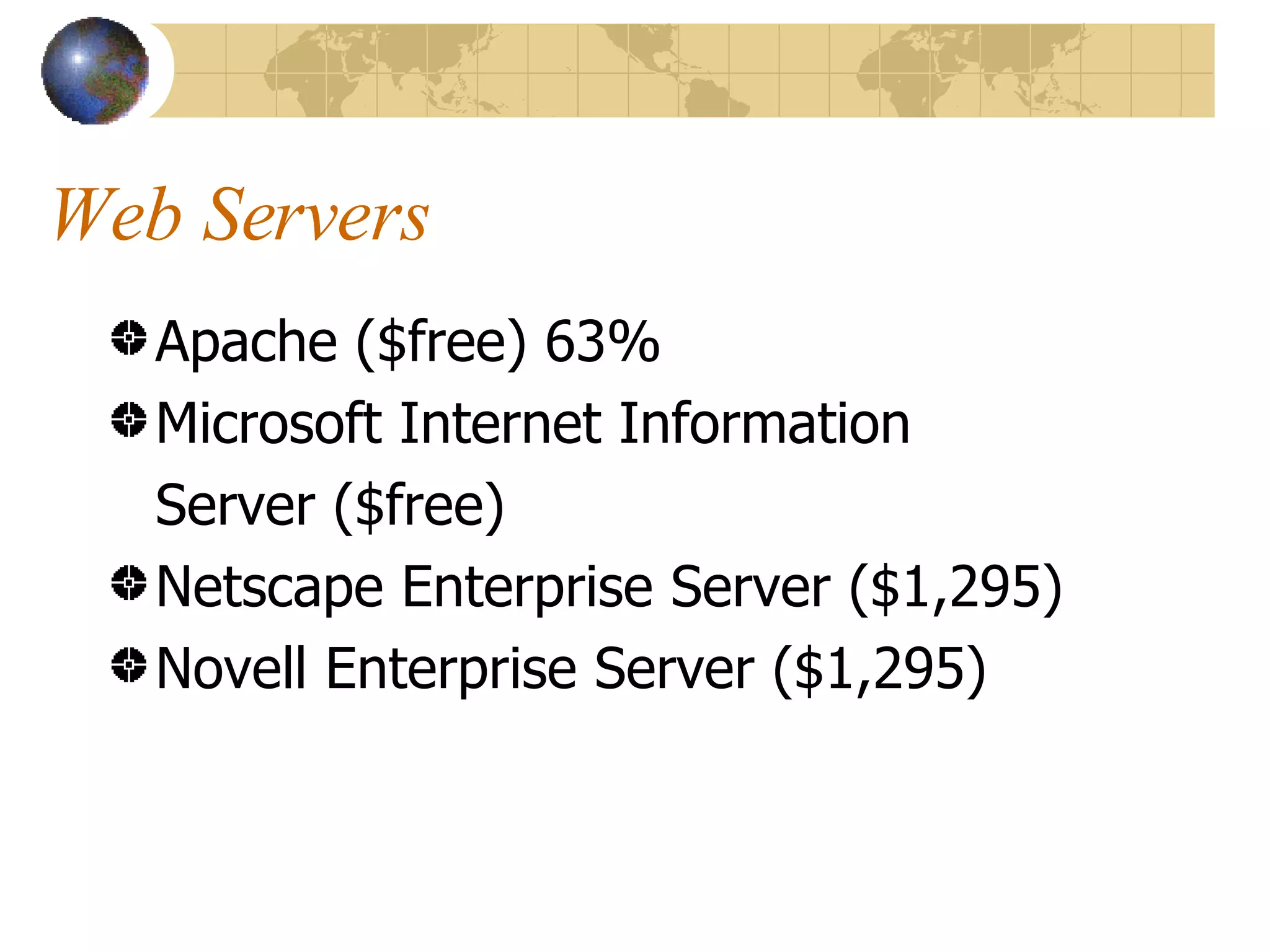 Web Servers Apache ($free) 63% Microsoft Internet Information  Server ($free) Netscape Enterprise Server ($1,295) Novell Enterprise Server ($1,295) 