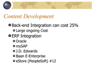 Content Development Back-end Integration can cost 25% Large ongoing Cost ERP Integration Oracle mySAP J.D. Edwards Baan E-Enterprise eStore (PeopleSoft) #12 