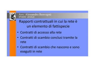 Rapporti contrattuali in cui la rete è
un elemento di fattispecie
• Contratti di accesso alla rete• Contratti di accesso alla rete
• Contratti di scambio conclusi tramite la
rete
• Contratti di scambio che nascono e sono
eseguiti in rete
 