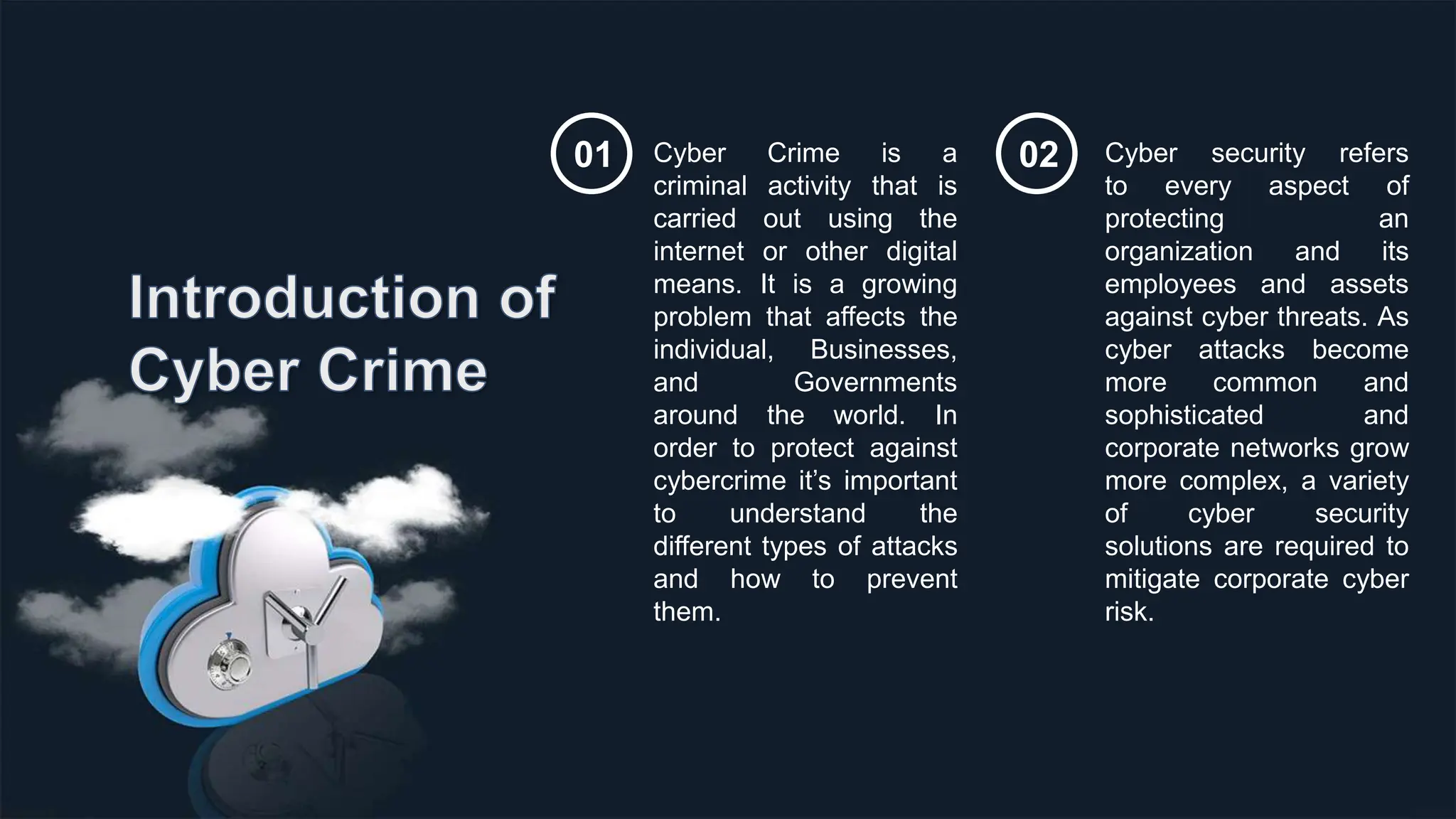 Cyber Crime is a
criminal activity that is
carried out using the
internet or other digital
means. It is a growing
problem that affects the
individual, Businesses,
and Governments
around the world. In
order to protect against
cybercrime it’s important
to understand the
different types of attacks
and how to prevent
them.
01 Cyber security refers
to every aspect of
protecting an
organization and its
employees and assets
against cyber threats. As
cyber attacks become
more common and
sophisticated and
corporate networks grow
more complex, a variety
of cyber security
solutions are required to
mitigate corporate cyber
risk.
02
 