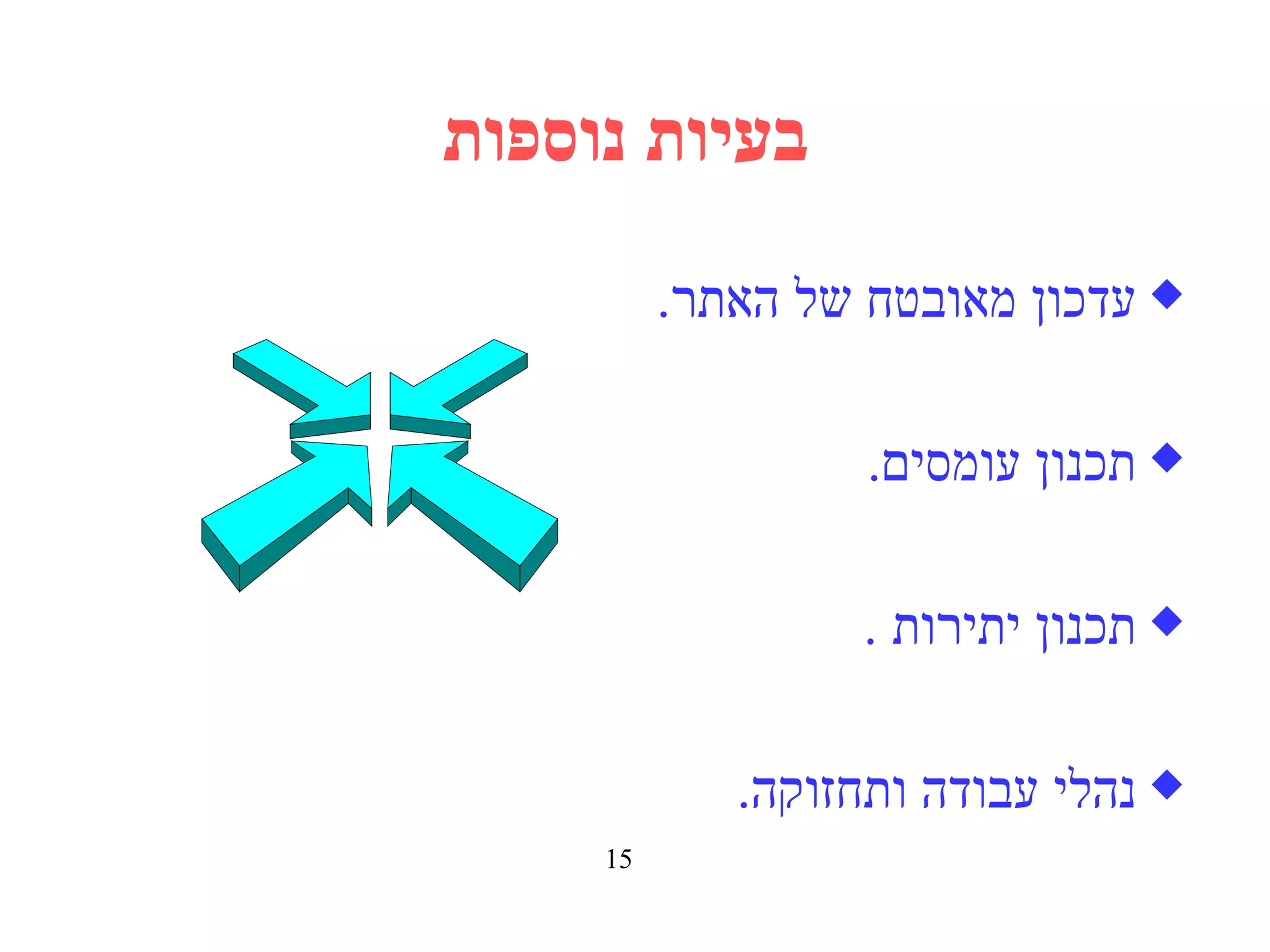 בעיות נוספות   עדכון מאובטח של האתר . תכנון עומסים . תכנון יתירות   . נהלי עבודה ותחזוקה . 