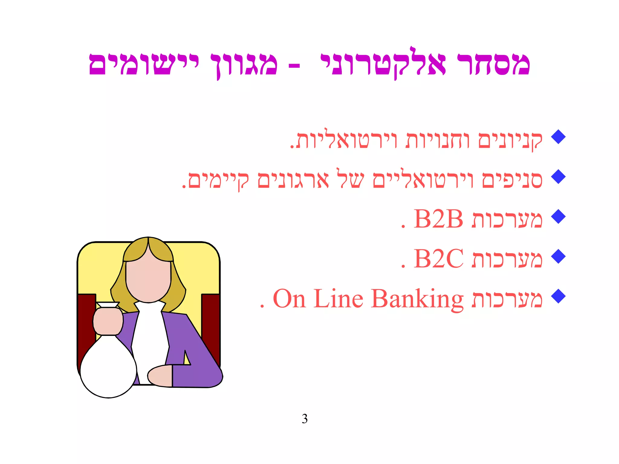 מסחר אלקטרוני  -  מגוון יישומים קניונים וחנויות וירטואליות . סניפים וירטואליים של ארגונים קיימים . מערכות   B2B . מערכות  B2C . מערכות   On Line Banking . 