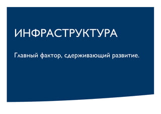 ИНФРАСТРУКТУРА
Главный фактор, сдерживающий развитие.
 