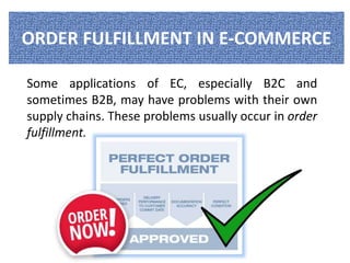 ORDER FULFILLMENT IN E-COMMERCE 
Some applications of EC, especially B2C and 
sometimes B2B, may have problems with their own 
supply chains. These problems usually occur in order 
fulfillment. 
 