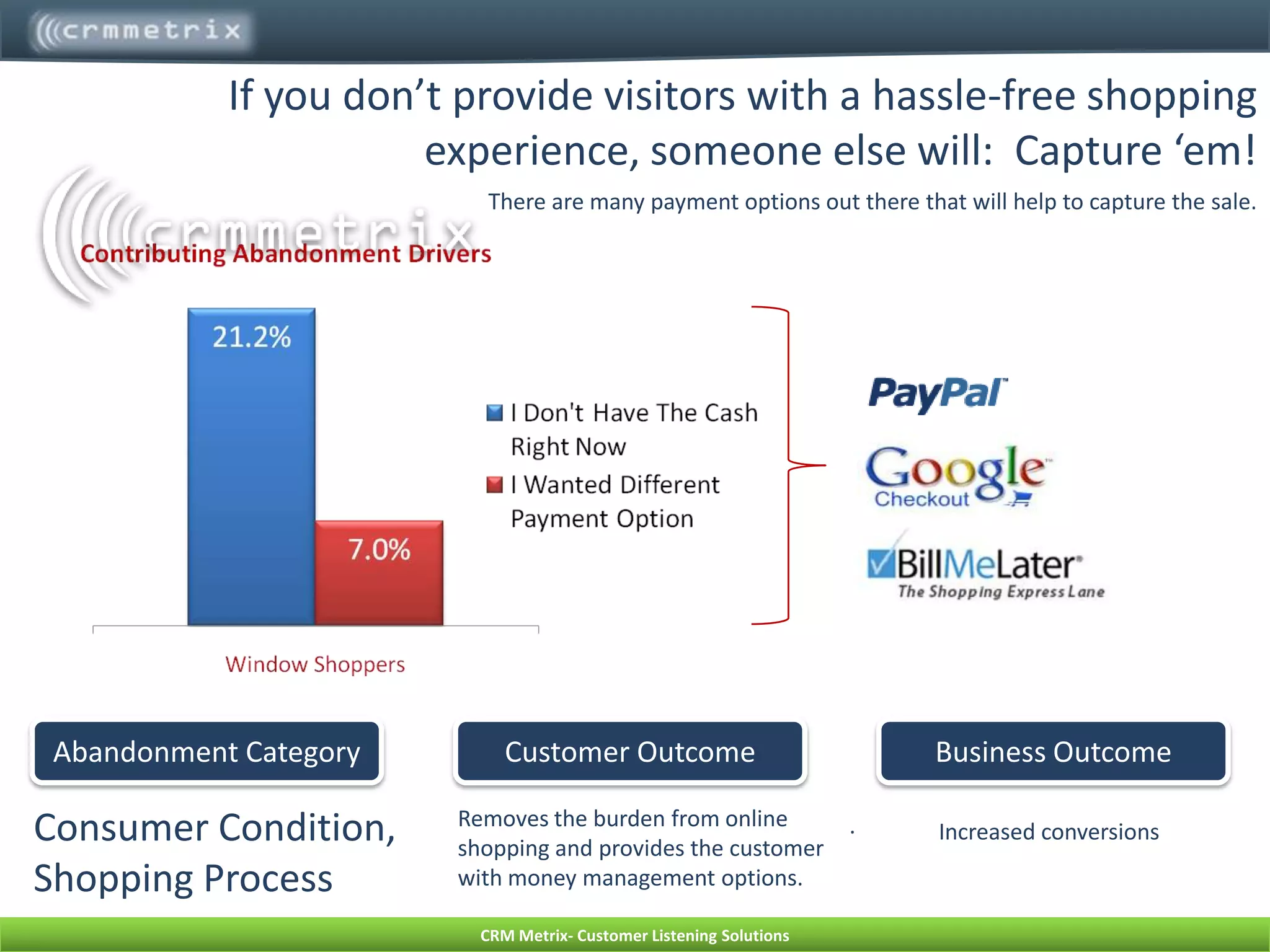Keep your promises…but if you can’t,inform ‘em!Be sure to have featured products available or at the least be up front and honest if you do not, rather than sending visitors through the check-out process.Have the ability to notify the customer when an item is unavailable or backordered, as visitors went through the trouble of coming to the site.Abandonment CategoryCustomer OutcomeBusiness OutcomeExpectations will be better managed, as customers won’t be let down when the product is not in stock.Equity will be maintained and customers may just hang on even though the product may be delayed.Merchandizing