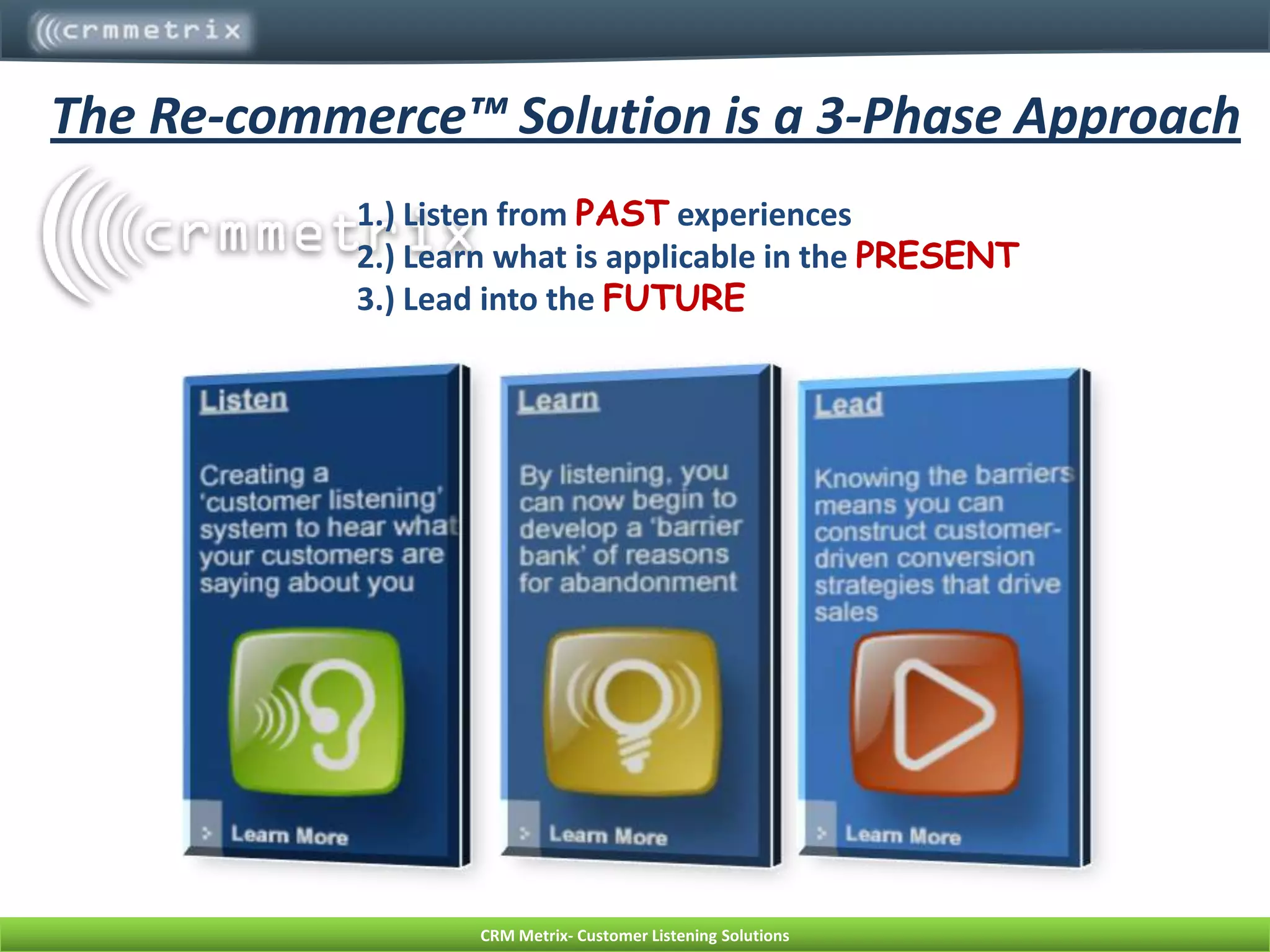 The Re-commerce™ Solution is a 3-Phase Approach1.) Listen from PAST experiences2.) Learn what is applicable in the PRESENT3.) Lead into the FUTURE