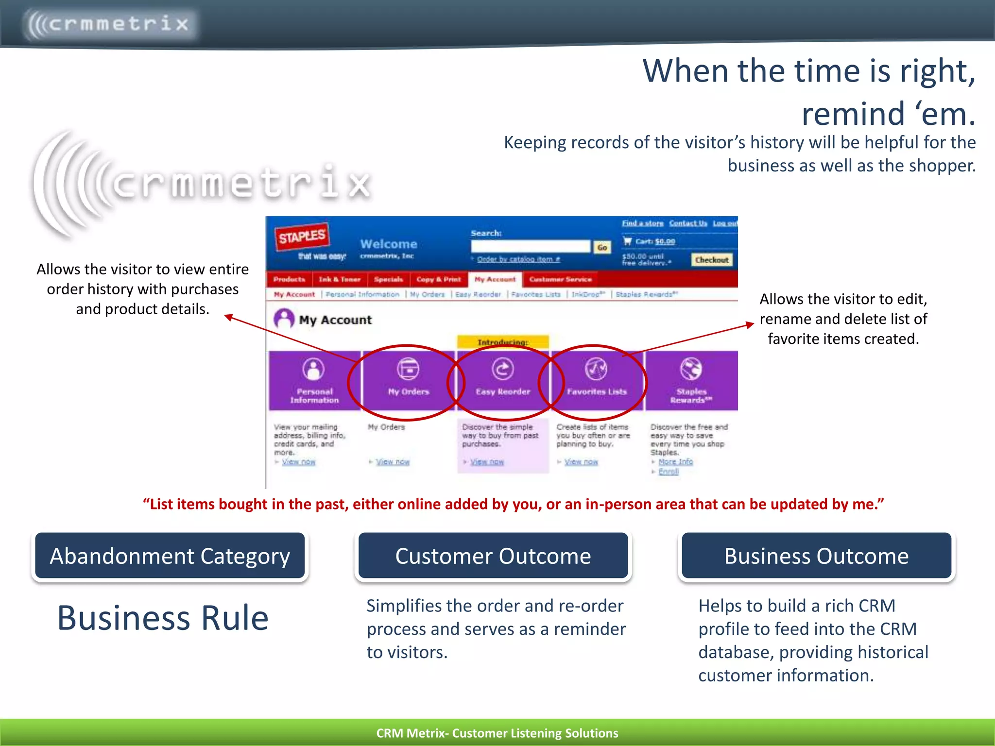 Keep in touch with future prospects:Use ‘em or lose ‘em.Taking a proactive approach and reminding customers about past intentions is sometimes met with a friendly response.Abandonment CategoryCustomer OutcomeBusiness OutcomeBusiness RuleAllows the customer to feel connected with the brand and is an informative way to build brand value.Enables ongoing communication, provides a re-engagement and reminder platform, andincreases potential conversions.