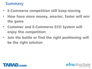 Summary
• E-Commerce competition still keep moving
• How have more money, smarter, faster will win
the game
• Customer and E-Commerce ECO System will
enjoy this competition
• Join the battle or find the right positioning will
be the right solution
49