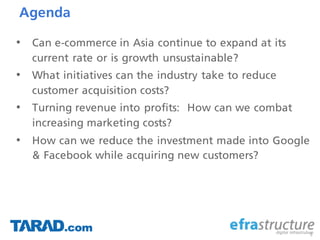 Agenda
• Can e-commerce in Asia continue to expand at its
current rate or is growth unsustainable?
• What initiatives can the industry take to reduce
customer acquisition costs?
• Turning revenue into profits: How can we combat
increasing marketing costs?
• How can we reduce the investment made into Google
& Facebook while acquiring new customers?
5