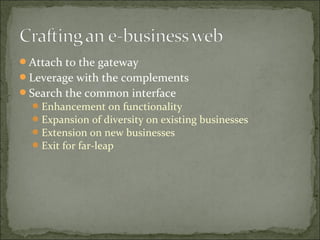 Attach to the gateway
Leverage with the complements
Search the common interface
Enhancement on functionality
Expansion of diversity on existing businesses
Extension on new businesses
Exit for far-leap
 
