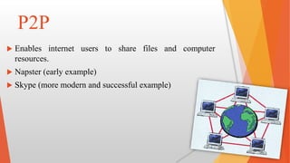 P2P
 Enables internet users to share files and computer
resources.
 Napster (early example)
 Skype (more modern and successful example)
 