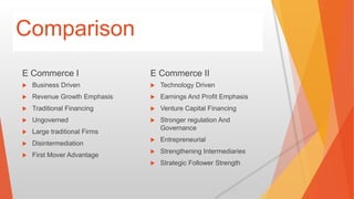 Comparison
E Commerce I
 Business Driven
 Revenue Growth Emphasis
 Traditional Financing
 Ungoverned
 Large traditional Firms
 Disintermediation
 First Mover Advantage
E Commerce II
 Technology Driven
 Earnings And Profit Emphasis
 Venture Capital Financing
 Stronger regulation And
Governance
 Entrepreneurial
 Strengthening Intermediaries
 Strategic Follower Strength
 
