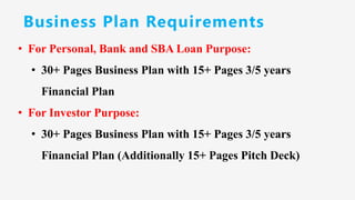 Business Plan Requirements
• For Personal, Bank and SBA Loan Purpose:
• 30+ Pages Business Plan with 15+ Pages 3/5 years
Financial Plan
• For Investor Purpose:
• 30+ Pages Business Plan with 15+ Pages 3/5 years
Financial Plan (Additionally 15+ Pages Pitch Deck)
 